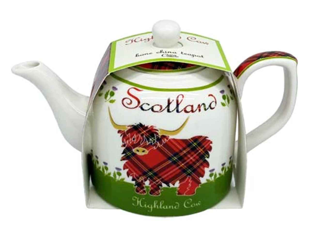 Royal Tara Highland Cow Bone China Teapot White and Green Tone Ceramic Infuser Scottish Kitchenware Teatime Capacity 22 oz